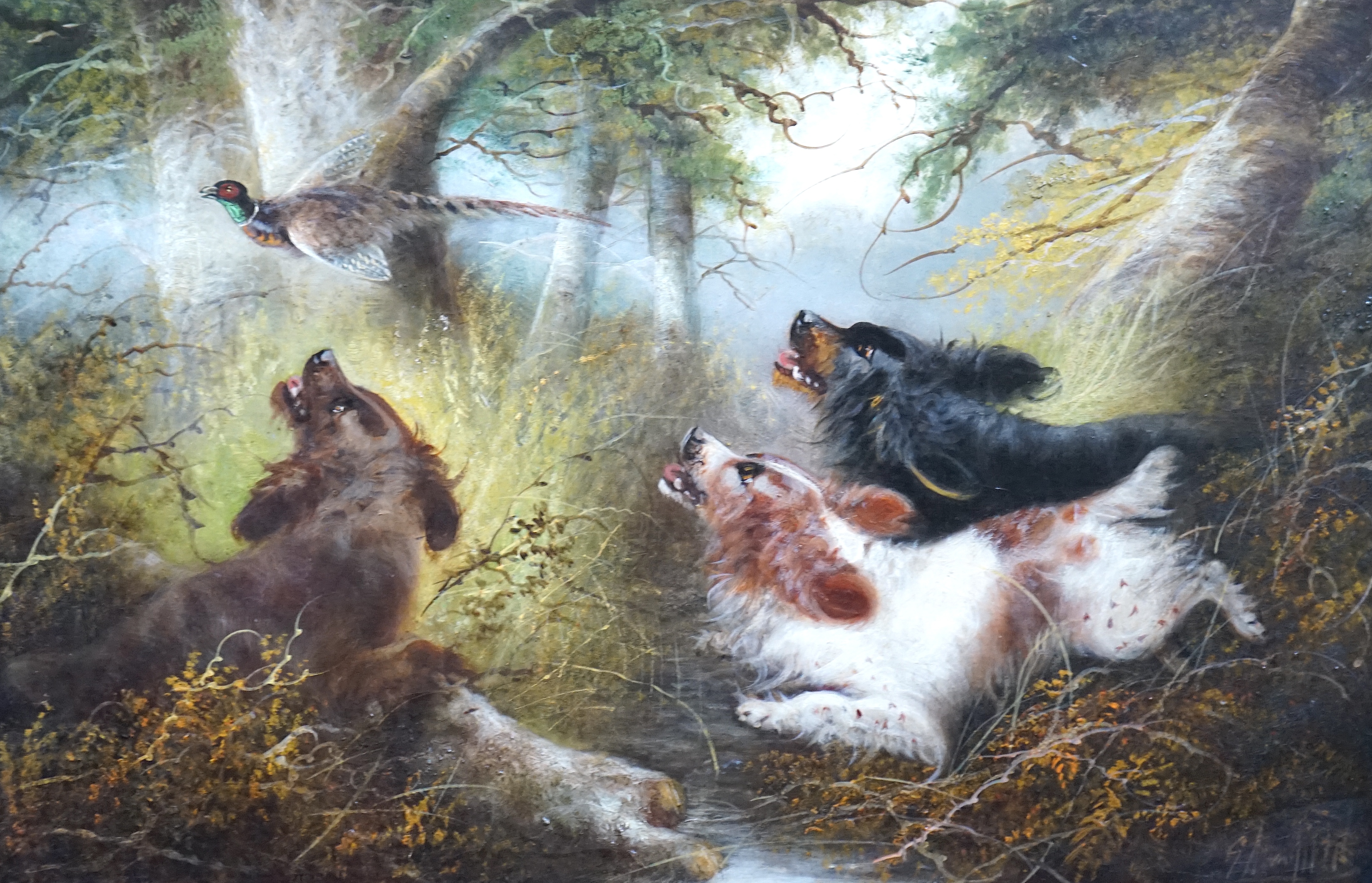 George Armfield (British, 1810-1893), Spaniels and game in a woodland, oil on canvas, 50 x 75cm